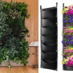 Musta värvi taskutega kott, milles kasvavad lilled ja maitsetaimed.