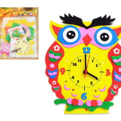 Värviline öökulli temaatikaga komplekt kella valmistamiseks lastele.