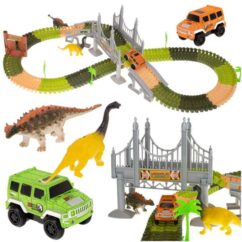 Laste elastne dinosauruse teematikaga autorada koos silla ja autoga.
