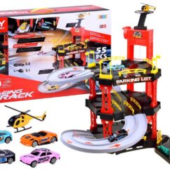 Laste kolmekorruseline parkla koos laskumisradade, autode ja helikopteriga.