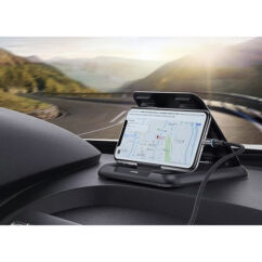Telefoni hoidik auto armatuurlaual, sõitvas autos.
