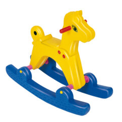 Laste kiikhobune kollastes ja sinistes toonides.