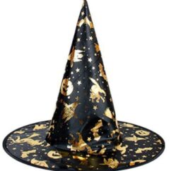 Halloweeni müts must kuldsete figuuridega.