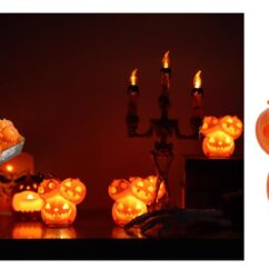 Kolme kõrvitsa kujuga halloweeni led küünal.