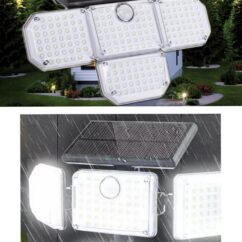 Päikesepaneeliga kolme osalised puldiga juhitavad lambid tavaolekus ja valgustamas.