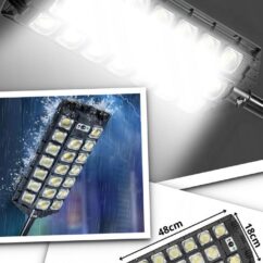 Suur solar paneeliga tänavalamp valgustamas ja mõõtudega.