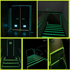 Helendav roheline teip, mis on paigaldatud ustele, treile.