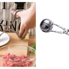 Tangid lihapallide vormimiseks koos lihapallide ja hakklihaga kausis.