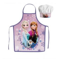 Laste lilla põll ja valge müts Frozen mulitifilmi graafikaga.