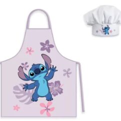 Lilo ja Stitch koka roosa põll ja valge müts sinise Stitchiga põllel.