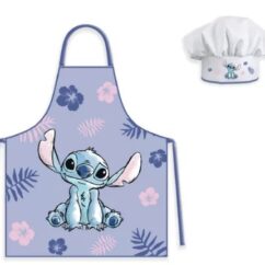 Lilo ja Stitch koka lilla põll ja valge müts sinise Stitchiga põllel.