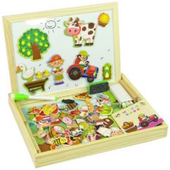 Magnetpusle raamatu farm pusletükid avatud puidust karbis.