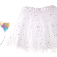 Valge ükssarviku kostüüm tähekestega seeliku ja kuldse sarvega peavõruga.