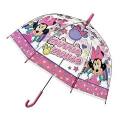 Läbipaistev laste vihmavari, millel on kujutatud multikast tuttav Minnie peas suure roosa lipsuga.Vihmavarjul on roosa käepide.