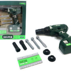 Roheline laste mängutrell koos tarvikutega karbis.