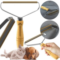 Karva ja topieemaldaja koos halli kassi ja pruuni koeraga.