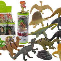 Loomafiguurid pruunid, hallid ja rohelised dinosaurused koos karbiga.