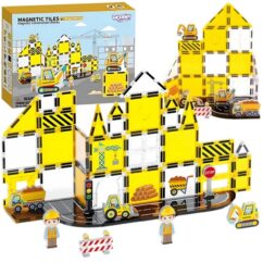 Kollased ehitusteemalised magnetklotsid rajaga ning figuuridega.