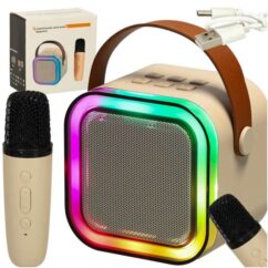 Karaoke mikrofonid kreem toonis koos led valgustusega kaasaskantava kõlariga.