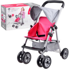 Nuku kergkäru, mis on hall ja roosa kombinatsioonis ja mustade ratastega. Pildil on ka karp.