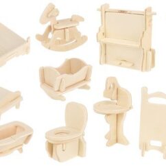 Nukumööbli komplekti puidust mööbliesemete valik nagu garderoobi kapp, wc pott, tualettlaud, voodi, kapp, häll, beebi söögitool, kiikhobune.