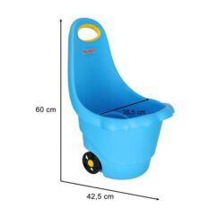 Sinine ümmargune laste aiakäru sangaga ja ratastel.