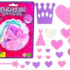 Tüdrukute lillad ja roosad, pimedas helendavad kleepsud erinevate kujudega (süda, kroon, võlukepp jne).