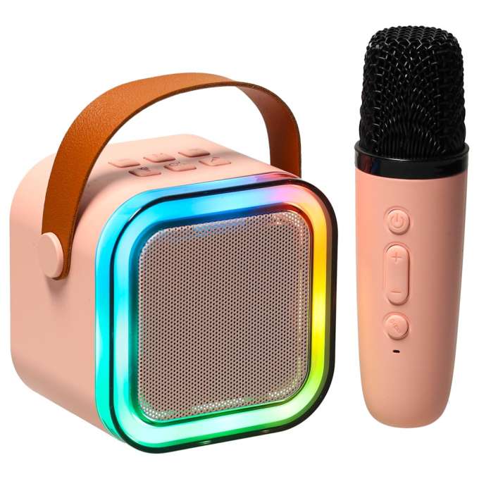 Laste roosa ja interaktiivne karaoke komplekt, ühe mikrofoniga, LED valgustusega ja ergonoomilise disainiga, koos silikoonist pehme sangaga.