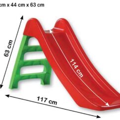 Maasikapunane laste väike liumägi mururohelise redeliga Kõrgus 63 sentimeetrit ja pikkus 117 sentimeetrit. Liupikkus 114 sentimeetrit.