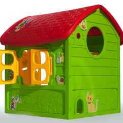 Roheline mängumajake ilusate kleepsudega, kollase uste ja aknatega ning kauni punase katusega