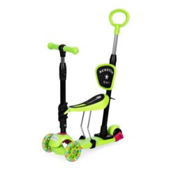 Laste tõukeratas rohelisne-must toonis, millel on mugav iste ning lükkesang vanema jaoks.