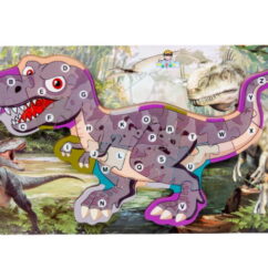 Suur lillat värvi dinosaurus metsa kujutaval puslealusel.