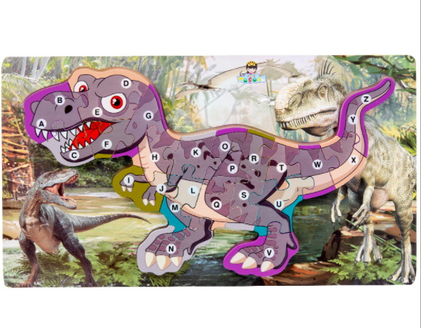 Suur lillat värvi dinosaurus metsa kujutaval puslealusel.