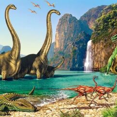 Castorland pusle 60 osaga, kus on rohelise pinnaga veekogu, mäed ja kaks suurt dinosaurust.