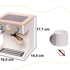 Laste puidust hall ja valge kombinatsioonis kohvimasin koos tassi ja mõõtudega.