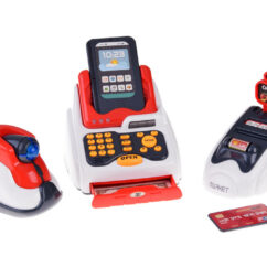 Laste kassa koos kaardolugeja, maksekaartide ja ribakoodi lugejaga.