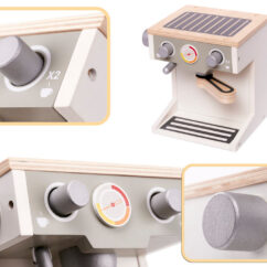 Laste puidust kohvimasin hallide nuppude ja valge kerega.