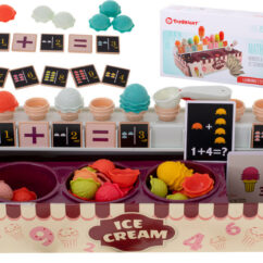 Jäätisekohviku mängu karp, millest on moodustatud lett koos valiku jäätistega.