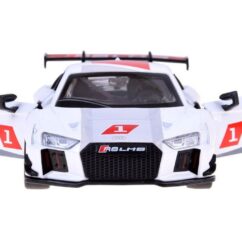 Laste mänguauto valge audi avatud ustega. Autol on ka mustald ja punased elemendid.