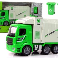 Laste prügiauto rohelise kabiini ja halli konteineriga koos karbiga.