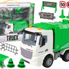 Laste mänguprügiauto koos liiklusmärkide ja figuuriga.