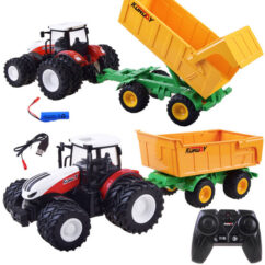 Mängutraktor järelkäru ja puldiga. Traktoril on kollane käru ja suured kummist topeltrattad.
