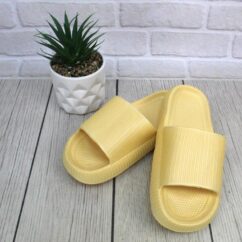 Kollased plätud parketil, mille kõrval on lillepotiga roheline taim.