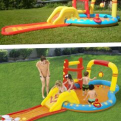 Täispuhutav laste veemänguväljak liumäe, pallide ja liulaskmisalaga.