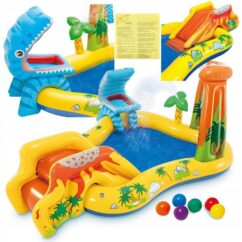 Täispuhutav laste kollane veemänguväljak dinosauruse teemaga.